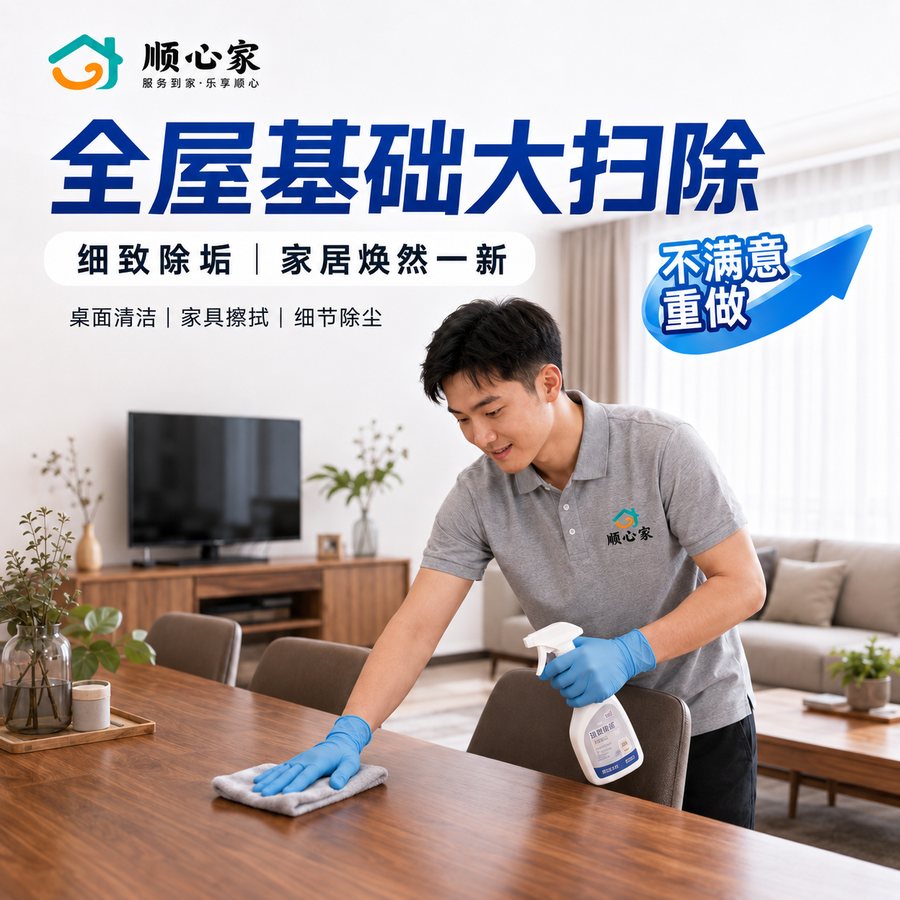 全屋基础大扫除：桌面清洁、家具擦拭、细节除尘
